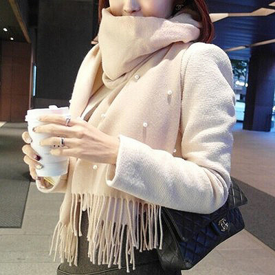 Stylish women`s scarf with pearls and fringe in several colors