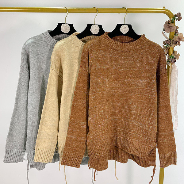 Μακρύ και φαρδύ πουλόβερ με κορδόνια σε τρία χρώματα