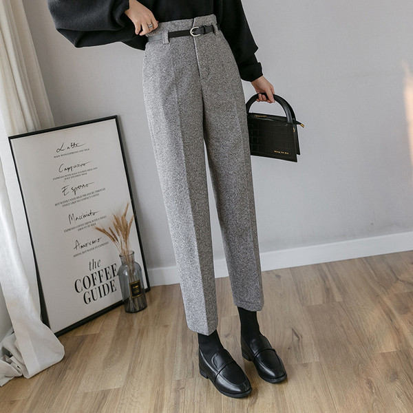 Модерен дамски панталон прав модел с колан в сив и кафяв цвят