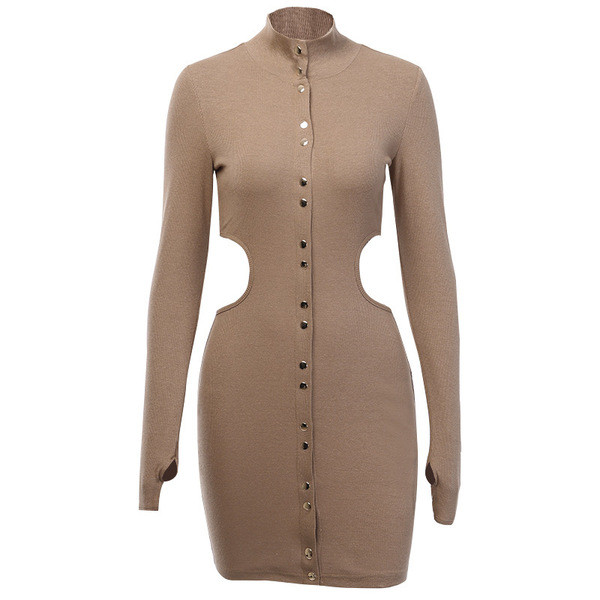 Alkalmi női rövid ruha magas gallérral és gombokkal barna színben