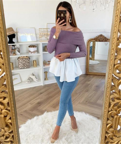 Modern női blúz hosszú ujjal és csupasz váll zöld és lila színben