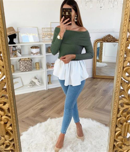 Modern női blúz hosszú ujjal és csupasz váll zöld és lila színben