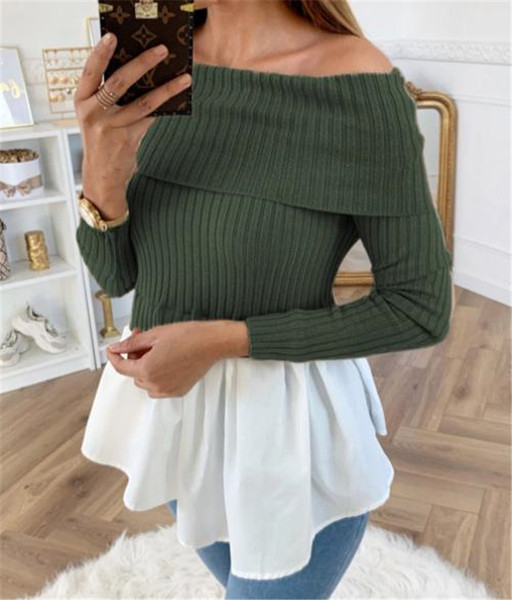 Modern női blúz hosszú ujjal és csupasz váll zöld és lila színben