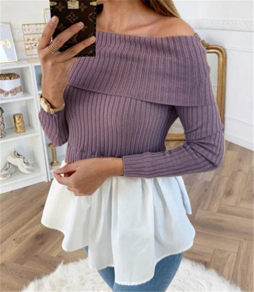 Modern női blúz hosszú ujjal és csupasz váll zöld és lila színben