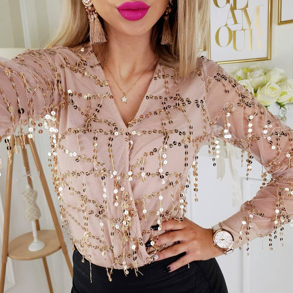 Cămașă modernă de damă cu decolteu adânc și paiete de culoare aurie