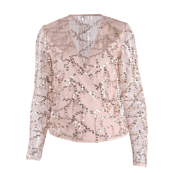 Cămașă modernă de damă cu decolteu adânc și paiete de culoare aurie