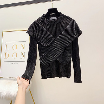 Modern női bársony blúz kerek nyakkivágással, négy színben