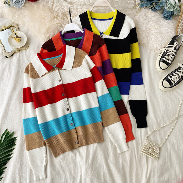 Modern női csíkos mellény gombokkal és hosszú ujjú három színben