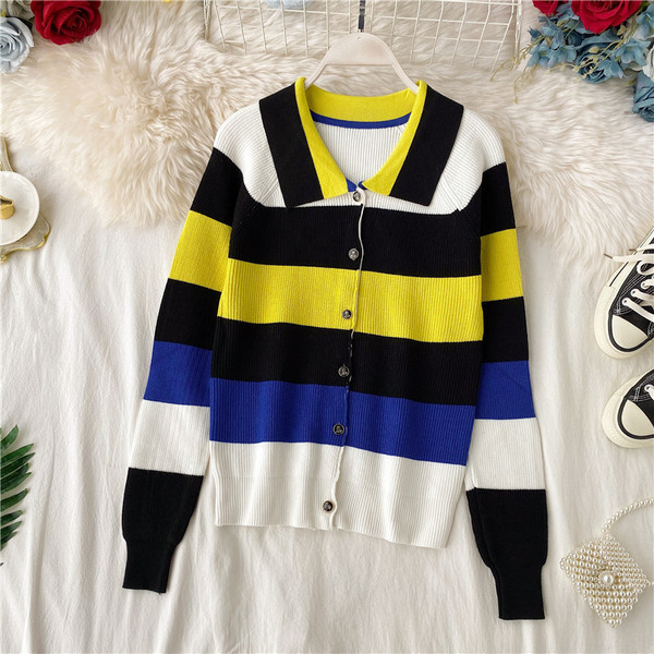 Modern női csíkos mellény gombokkal és hosszú ujjú három színben