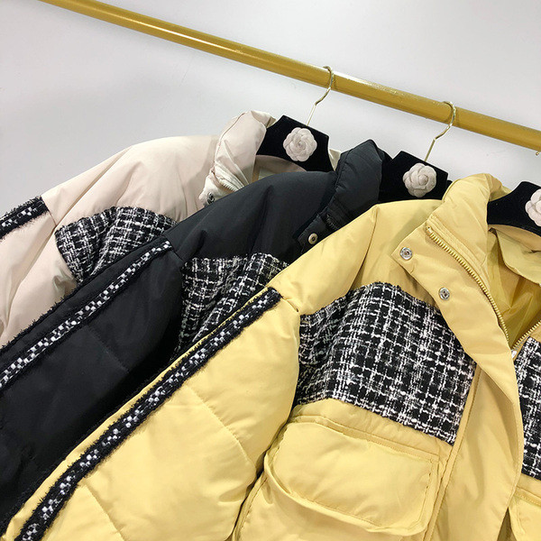 Modern téli kabát sárga, fehér és fekete színekben