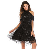 Rochie scurtă de damă modernă cu umerii goi și paiete în negru