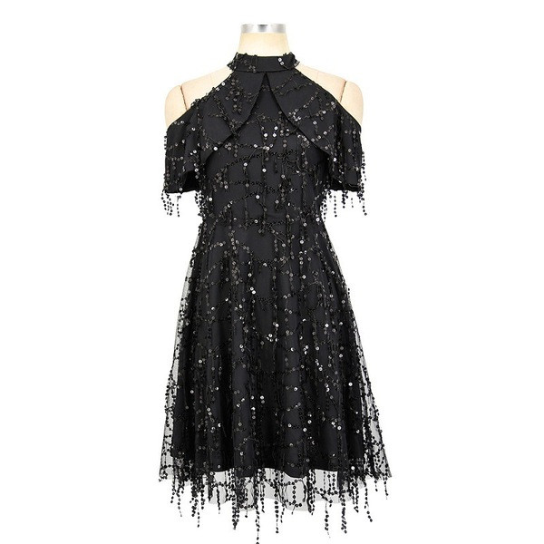 Rochie scurtă de damă modernă cu umerii goi și paiete în negru