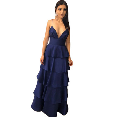 Μοντέρνο γυναικείο φόρεμα μακρύ μοντέλο με βαθύ λαιμόκοψη σε μπλε και ροζ χρώμα