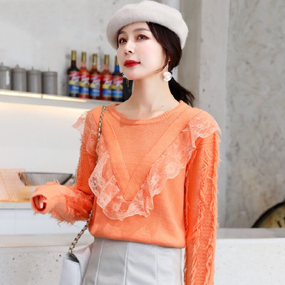 Καθημερινό γυναικείο πουλόβερ με ωοειδές ντεκολτέ και δαντέλα σε τρία χρώματα