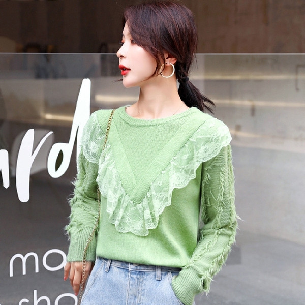 Καθημερινό γυναικείο πουλόβερ με ωοειδές ντεκολτέ και δαντέλα σε τρία χρώματα