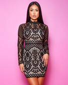 Rochie scurtă de damă elegantă, cu dantelă și mâneci lungi, de culoare neagră