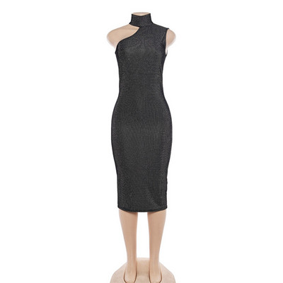 Rochie lungă de damă modernă cu guler înalt și umerii goi, în culoarea gri