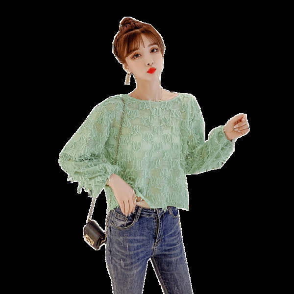 Bluză casual de damă cu decolteu oval și franjuri în verde și alb