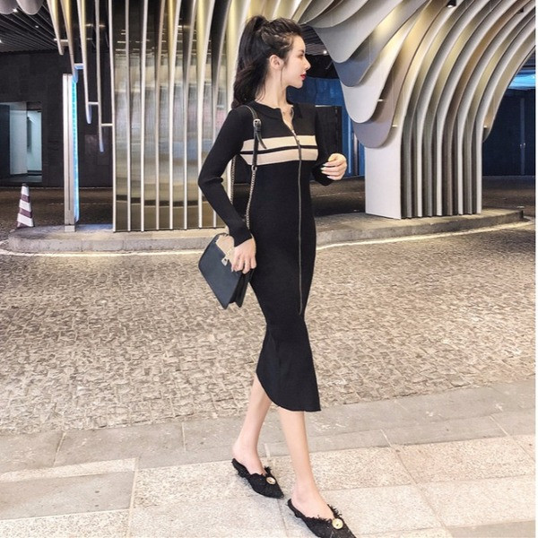 Hosszú kötött ruha cipzárral két színben