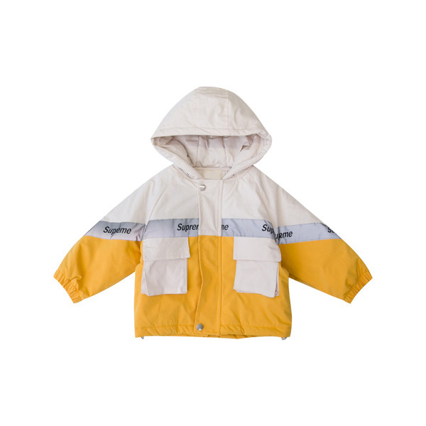 Geacă modernă pentru copii cu glugă și buzunare în roșu și galben