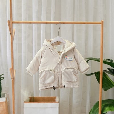 Új modell gyerek téli kabát kapucnival, cipzárral és gombokkal zöld, fekete és bézs színben