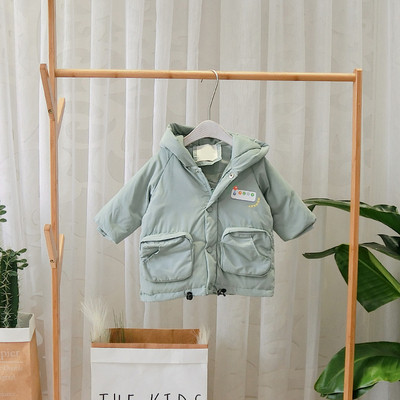 Új modell gyerek téli kabát kapucnival, cipzárral és gombokkal zöld, fekete és bézs színben