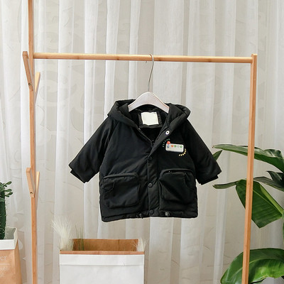 Új modell gyerek téli kabát kapucnival, cipzárral és gombokkal zöld, fekete és bézs színben