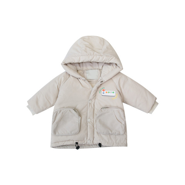 Új modell gyerek téli kabát kapucnival, cipzárral és gombokkal zöld, fekete és bézs színben