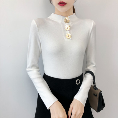 Női alkalmi pulóver gombokkal és magas gallérral öt színben