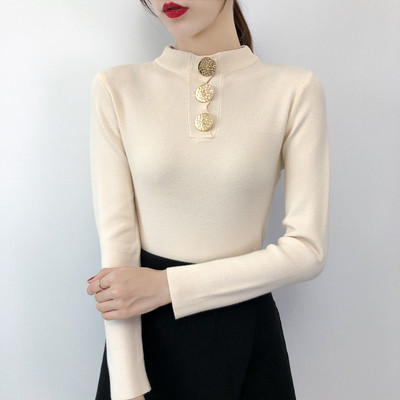 Női alkalmi pulóver gombokkal és magas gallérral öt színben