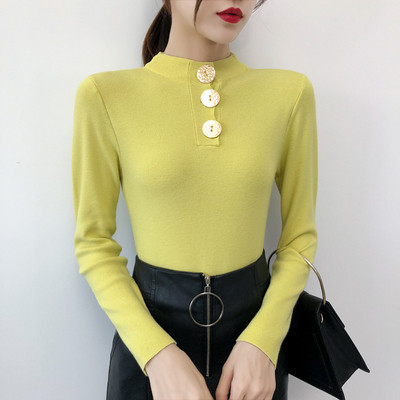 Női alkalmi pulóver gombokkal és magas gallérral öt színben