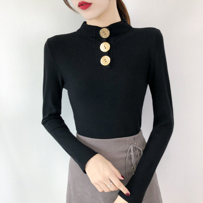 Női alkalmi pulóver gombokkal és magas gallérral öt színben