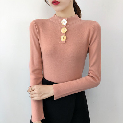 Női alkalmi pulóver gombokkal és magas gallérral öt színben