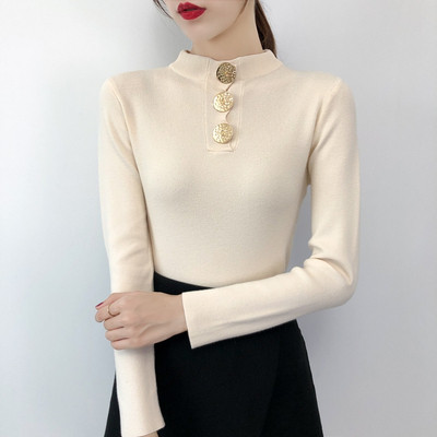 Női alkalmi pulóver gombokkal és magas gallérral öt színben