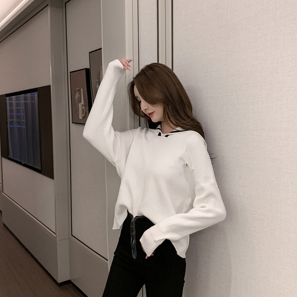 Pulover casual dama cu guler de culoare alba