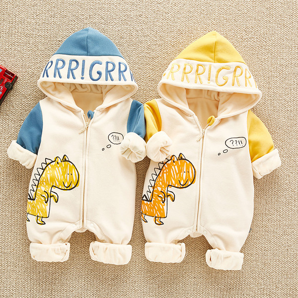 Kék és sárga színű baba overall kapucnival és rátéttel