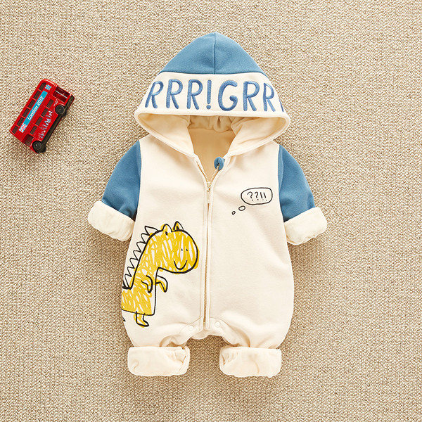 Kék és sárga színű baba overall kapucnival és rátéttel