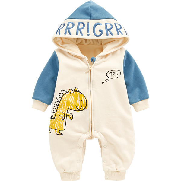 Kék és sárga színű baba overall kapucnival és rátéttel