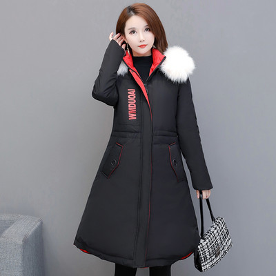 Ζεστό χειμωνιάτικο γυναικείο μπουφάν με κουκούλα - μακρύ σχέδιο με κόκκινο και μαύρο χρώμα