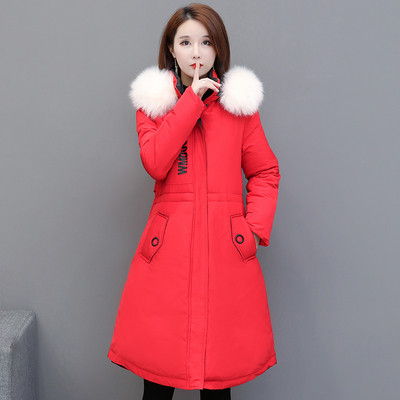 Ζεστό χειμωνιάτικο γυναικείο μπουφάν με κουκούλα - μακρύ σχέδιο με κόκκινο και μαύρο χρώμα