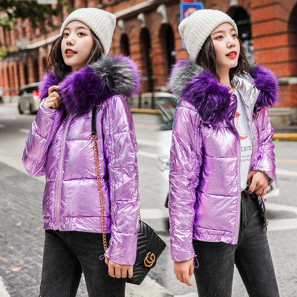 HIT Jachetă modernă de iarnă pentru femei, cu puf colorat pe glugă în mai multe culori diferite