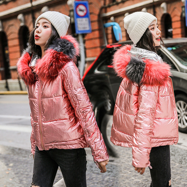 HIT Jachetă modernă de iarnă pentru femei, cu puf colorat pe glugă în mai multe culori diferite