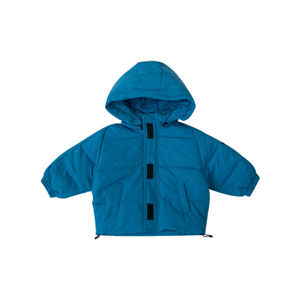 Modern gyerekkabát fiúknak kék, sárga és kék kapucnival