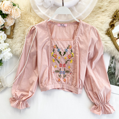 Cămașă modernă de damă cu broderie și decolteu pătrat în patru culori