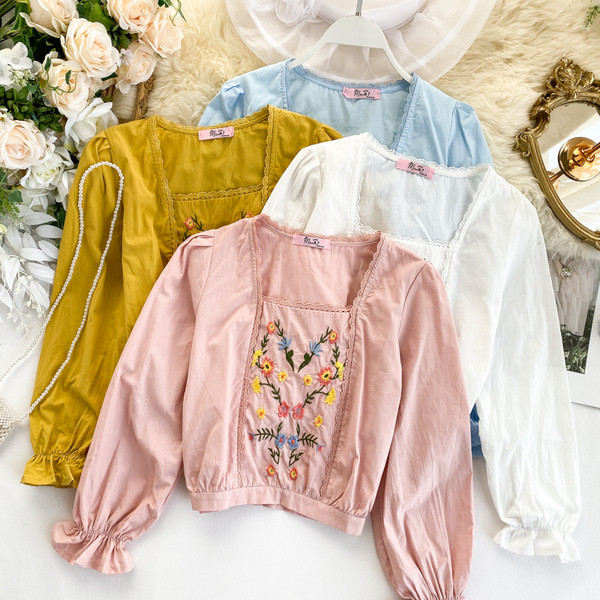 Cămașă modernă de damă cu broderie și decolteu pătrat în patru culori