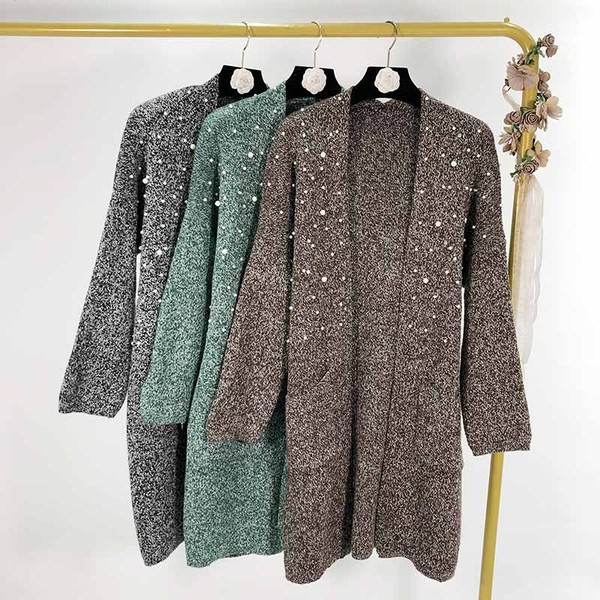 Cardigan lung cu buzunare in trei culori cu perle