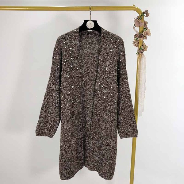 Cardigan lung cu buzunare in trei culori cu perle