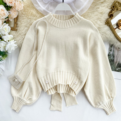 Casual γυναικείο πουλόβερ με κορδέλα και οβάλ ντεκολτέ