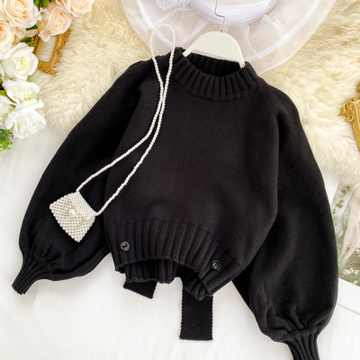 Casual γυναικείο πουλόβερ με κορδέλα και οβάλ ντεκολτέ