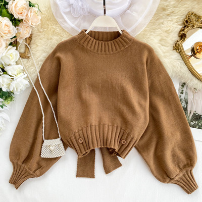 Casual γυναικείο πουλόβερ με κορδέλα και οβάλ ντεκολτέ